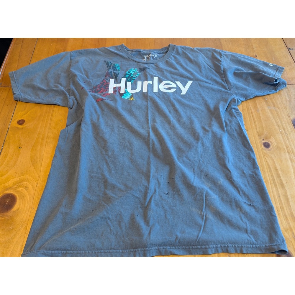 Y2k Hurley Mens Graphic Logo T-Shirt Gray Short Sleeve Distressed Size L